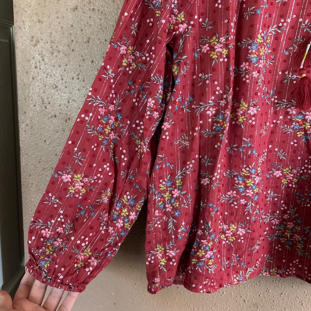 Style & Co Merlot Red Floral Metallic Stripe Tassel Peasant Blouse XL - Picture 3 of 7